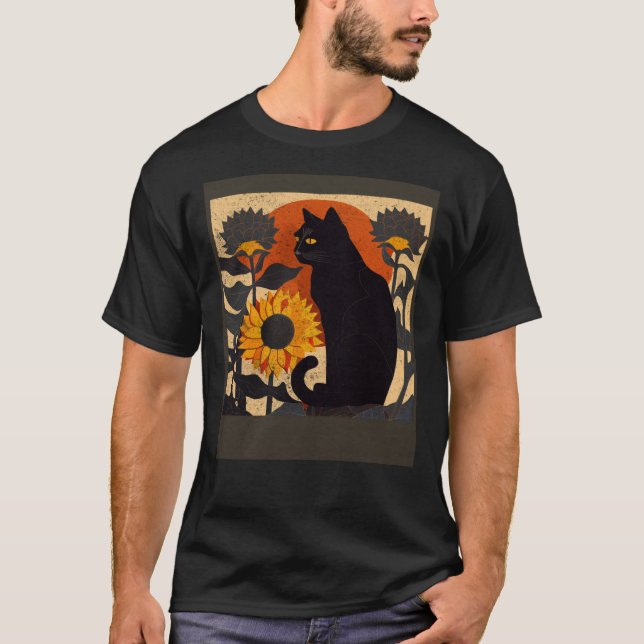 Black Cat Nursing Sunflower T-Shirt (Front)