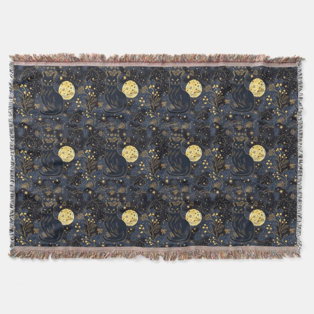 Black Cat of the Starry Skies Pattern Throw Blanket (Front)