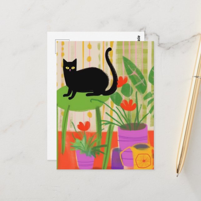 Black Cat on a Green Chair Postcard (Front/Back In Situ)