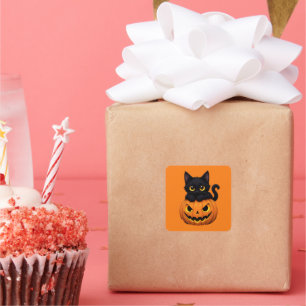 Black cat on a Halloween pumpkin Square Sticker