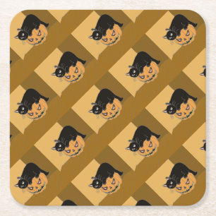 Black Cat on a Pumpkin Square Paper Coaster