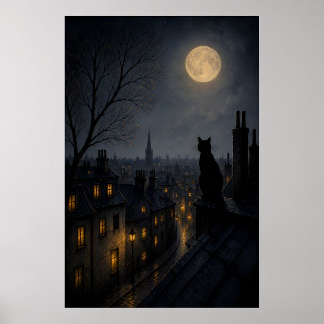 Black Cat on a Rooftop Above a Sleeping Town Poster (Front)