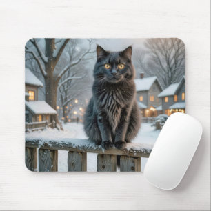 Black Cat On a Snowy Fence Mouse Pad