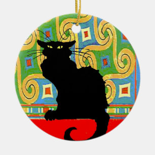 Black Cat on Abstract Wallpaper Ceramic Tree Decoration