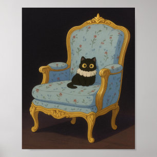 Black Cat on Blue Floral Armchair Poster
