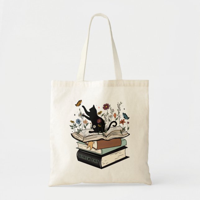 Black Cat on Book Funny Cat Tote Bag (Front)