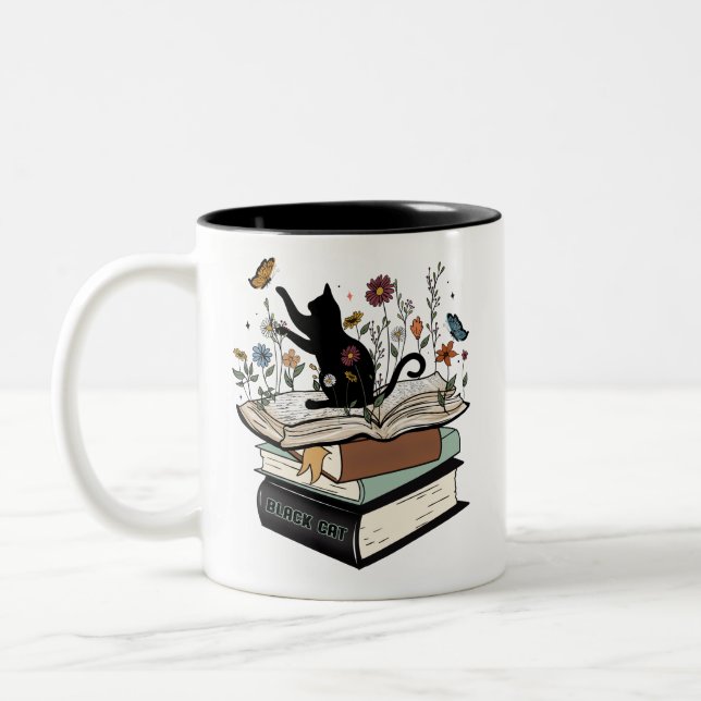 Black Cat on Book Funny Cat Two-Tone Coffee Mug (Left)