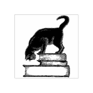 Black Cat on Books Rubber Stamp 