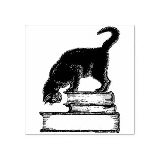 Black Cat on Books Rubber Stamp