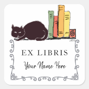 Black Cat on Bookshelf Cute Hand-Drawn Bookplate Square Sticker