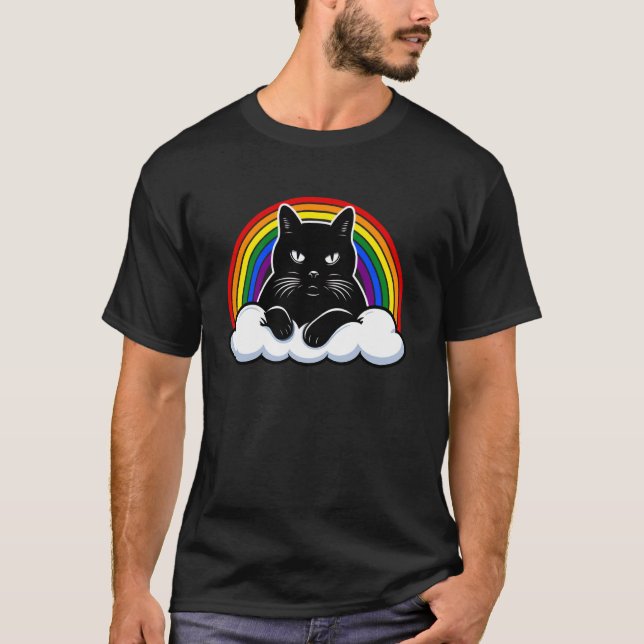 Black Cat on Cloud with Rainbow LGBTQ+ Pride T-Shirt (Front)