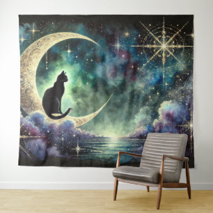 Black Cat on Crescent Moon with Starry Night Sky Tapestry