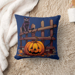 Black Cat on Fence Jack-O' Lantern Halloween Cushion