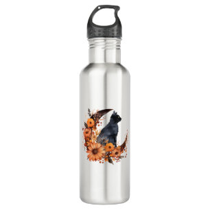 Black Cat On Floral Moon Pumpkin Black Cat Hallowe 710 Ml Water Bottle