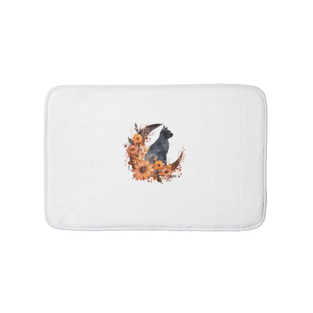 Black Cat On Floral Moon Pumpkin Black Cat Hallowe Bath Mat (Front)
