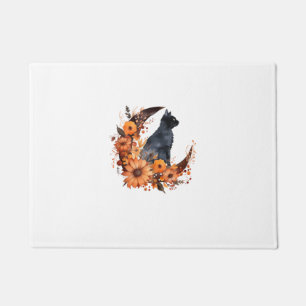 Black Cat On Floral Moon Pumpkin Black Cat Hallowe Doormat