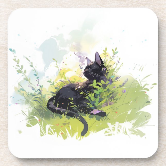 Black Cat on Grass Hard Plastic Coaster (Front)