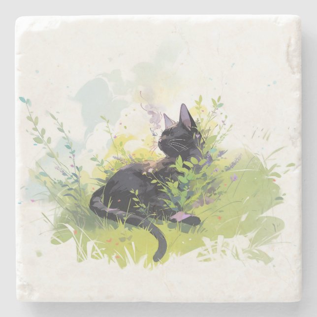 Black Cat on Grass Stone Coaster (Front)