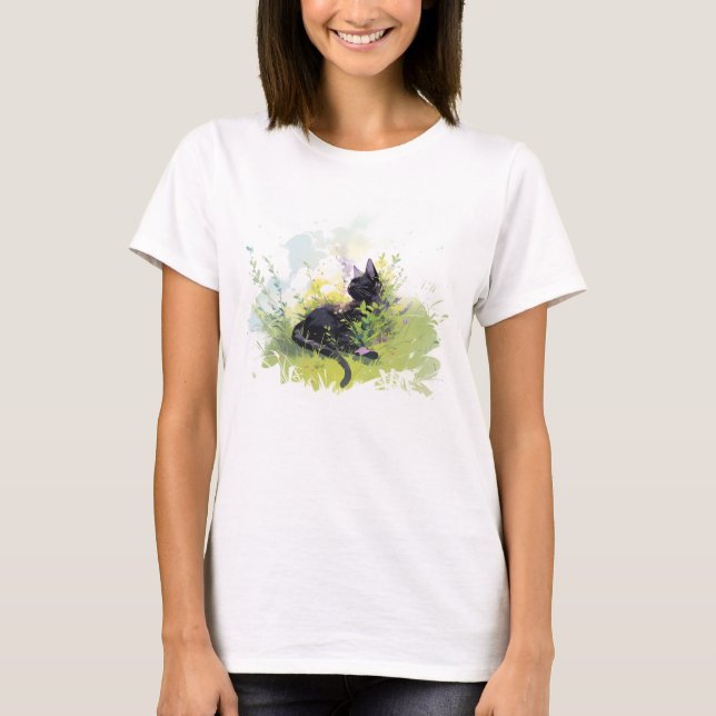 Black Cat on Grass Women's Basic T-shirt (Front)