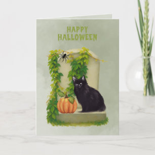 Black Cat on Grave Happy Halloween Card