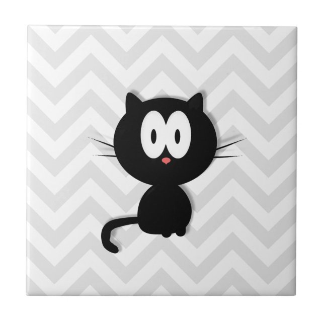 Black Cat on grey chevron Tile (Front)