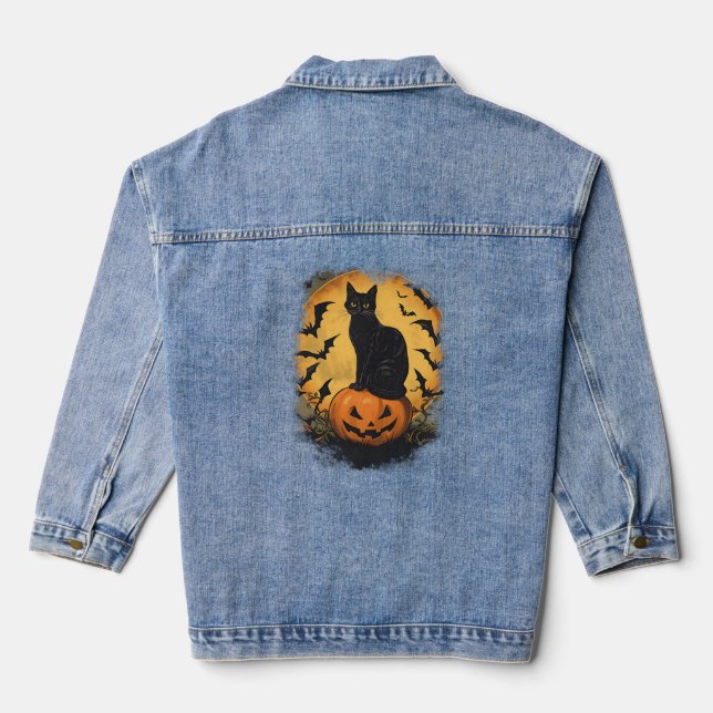 Black cat on Halloween pumpkin Denim Jacket (Back)
