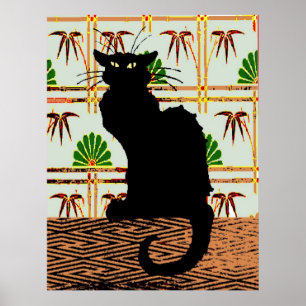 Black Cat on Japanese Wall Paper Poster
