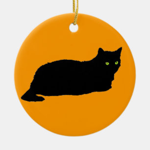 Black Cat on Orange Ceramic Tree Decoration