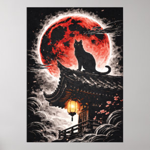 Black Cat on Pagoda Roof, Red Moon - Japanese Art Poster