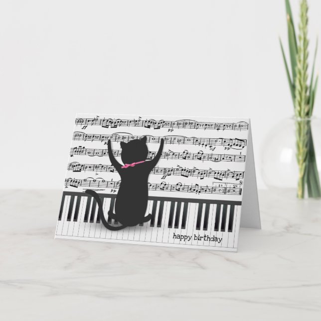 black cat on piano birthday card (Front)