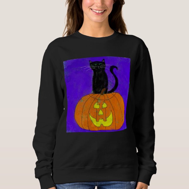 Black Cat on Pumpkin Abstract Halloween Art Sweatshirt (Front)