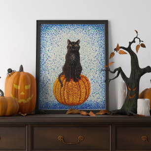 Black Cat on Pumpkin Halloween Poster