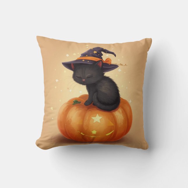 Black Cat on Pumpkin Halloween Square Pillow (Front)