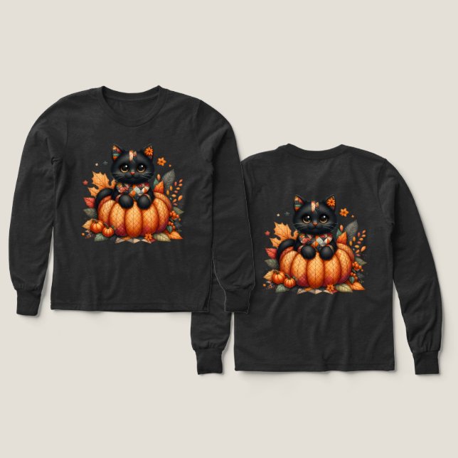 Black Cat on Pumpkin with Autumn Quilt Pattern (Design Front & Back)