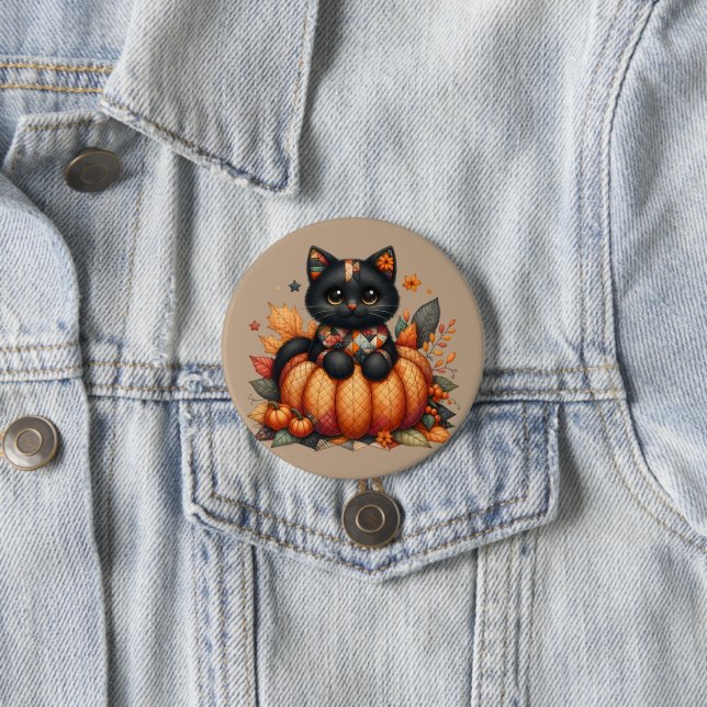Black Cat on Pumpkin with Autumn Quilt Pattern 7.5 Cm Round Badge (In Situ)