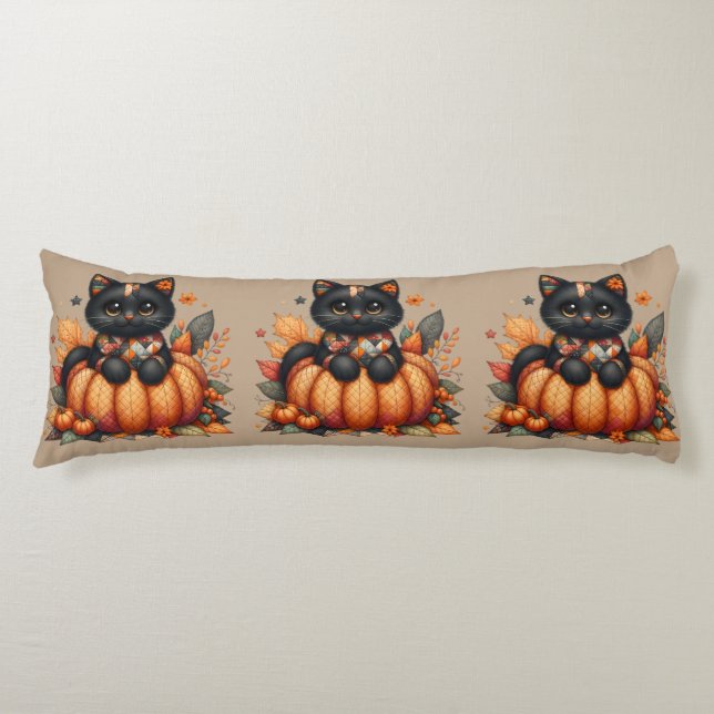 Black Cat on Pumpkin with Autumn Quilt Pattern Body Cushion (Front)