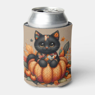 Black Cat on Pumpkin with Autumn Quilt Pattern Can Cooler