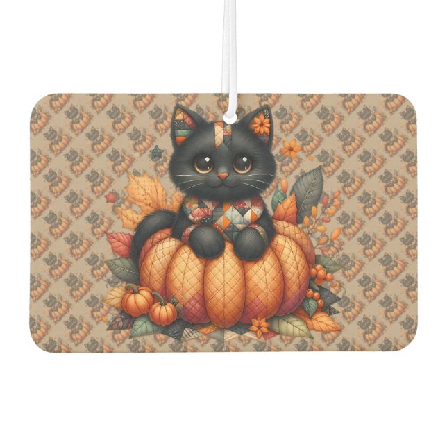 Black Cat on Pumpkin with Autumn Quilt Pattern Car Air Freshener (Front)