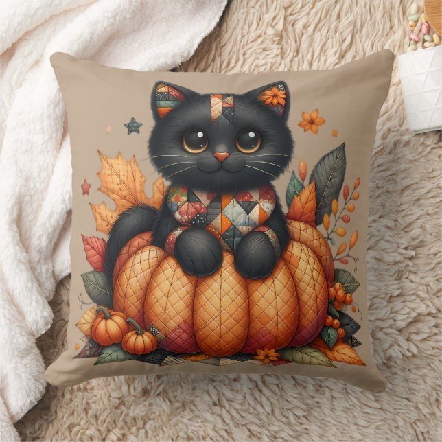 Black Cat on Pumpkin with Autumn Quilt Pattern Cushion (Blanket)