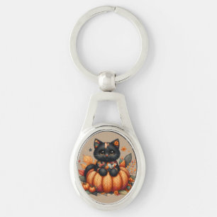 Black Cat on Pumpkin with Autumn Quilt Pattern Key Ring