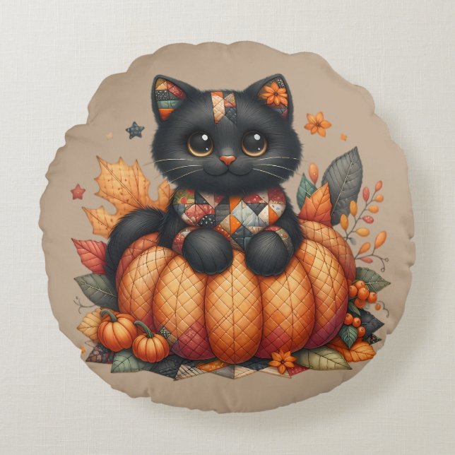 Black Cat on Pumpkin with Autumn Quilt Pattern Round Cushion (Front)