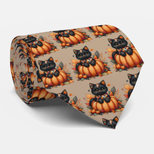 Black Cat on Pumpkin with Autumn Quilt Pattern Tie