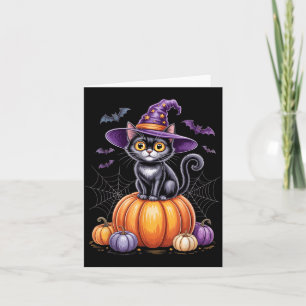 Black Cat On Pumpkin With Witch Hat Halloween Card
