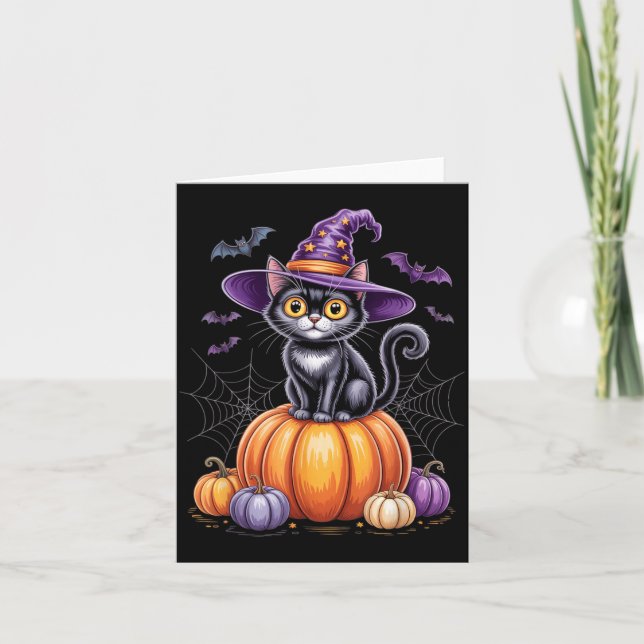 Black Cat On Pumpkin With Witch Hat Halloween Card (Front)
