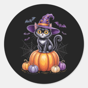 Black Cat On Pumpkin With Witch Hat Halloween Classic Round Sticker