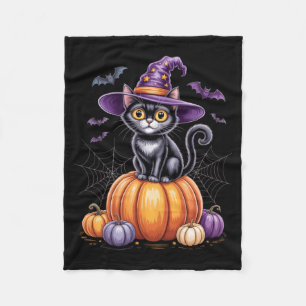 Black Cat On Pumpkin With Witch Hat Halloween Fleece Blanket