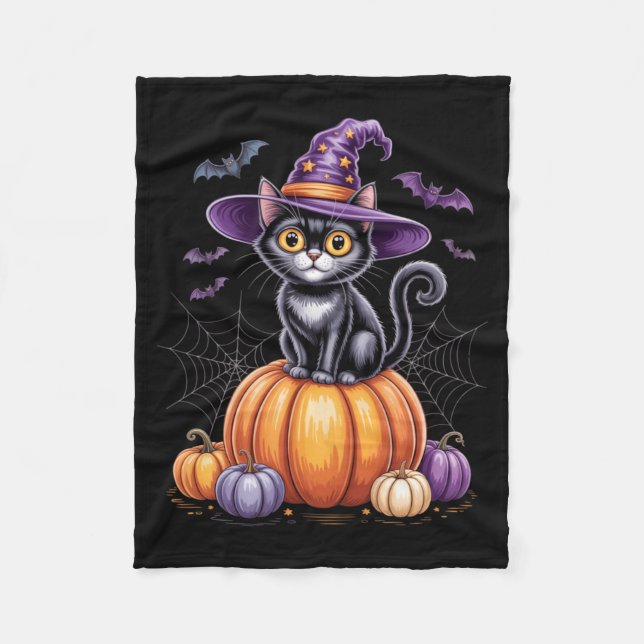 Black Cat On Pumpkin With Witch Hat Halloween Fleece Blanket (Front)
