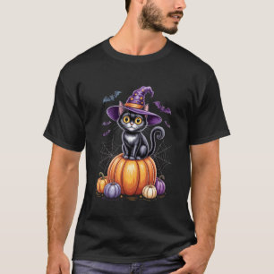Black Cat on Pumpkin with Witch Hat Halloween T-Shirt