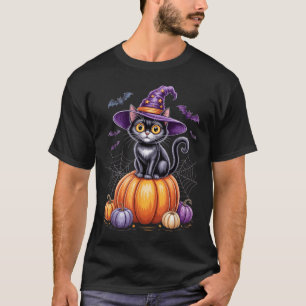 Black Cat On Pumpkin With Witch Hat Halloween T-Shirt
