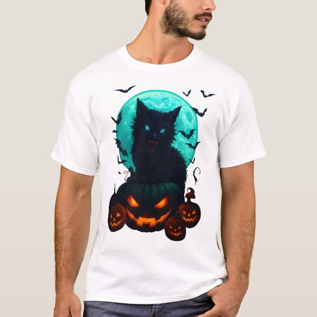 Black Cat on Pumpkins under Full Moon – Spooky Hal T-Shirt (Front)